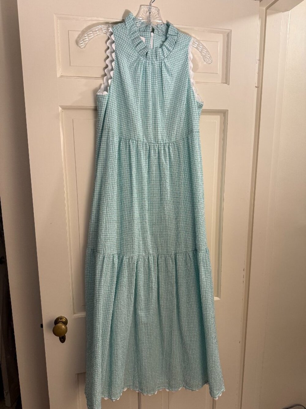 NEW! Sara Campbell Green & White Gingham Print Seersucker Tiered Midi Dress XS